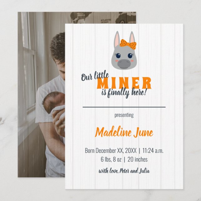 Baby Girl Orange Donkey Vertical Baby Announcement (Front/Back)