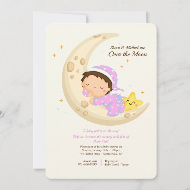 Baby Girl Over the Moon Baby Shower Invitation (Front)