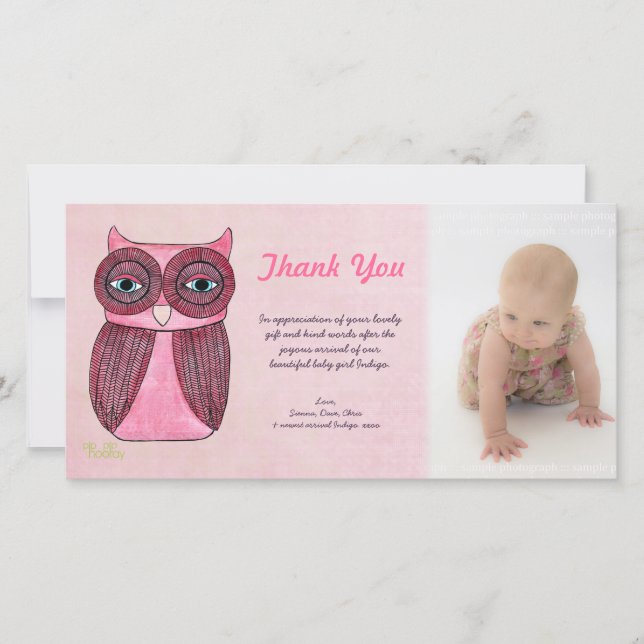 Baby Girl Owl Thank You Photo Template Photocard (Front)