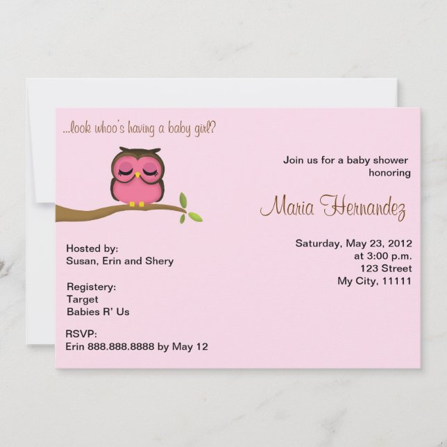 Baby girl owl theme invitation (Front)