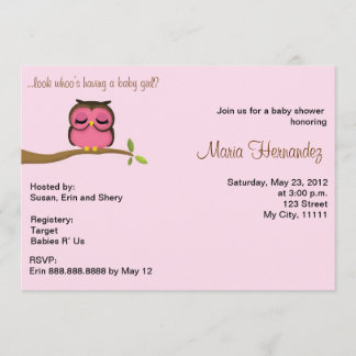 Baby girl owl theme invitation