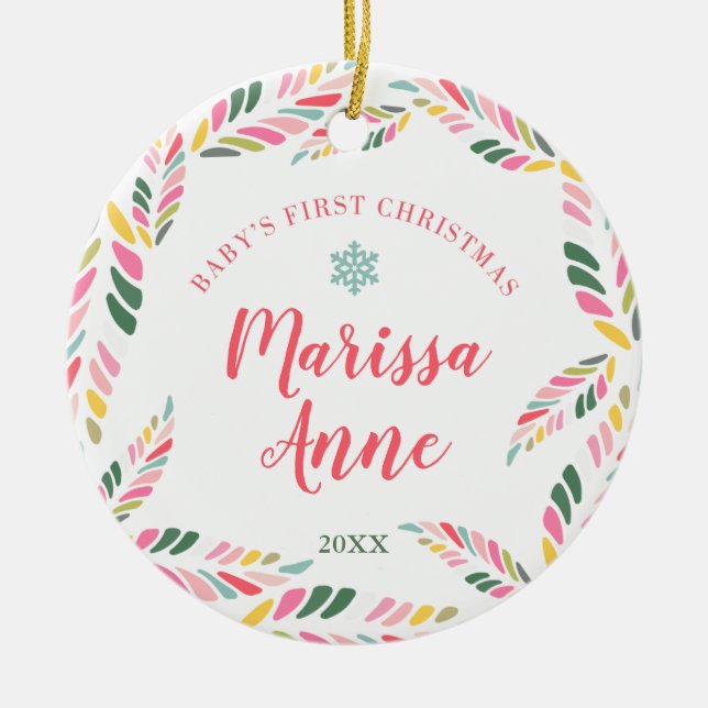 Baby Girl Personalised First Christmas Custom Ceramic Tree Decoration (Front)