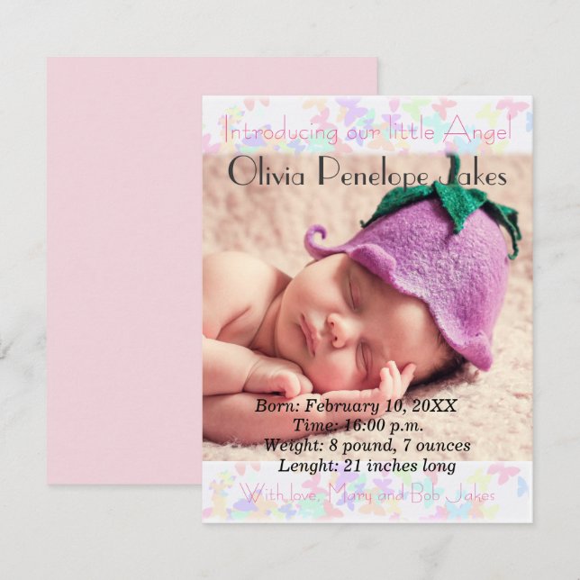 Baby girl personalised photo announcement (Front/Back)