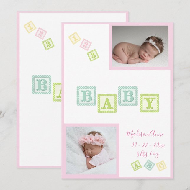 Baby Girl Photo ABC Blocks Pink Newborn Birth Announcement (Front/Back)
