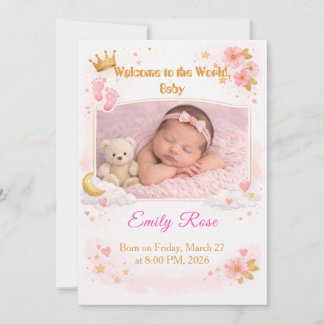 Baby Girl Photo Announcement Card Pink Floral