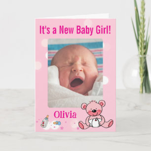 Baby Girl Photo Announcement Pink Teddy Bear Theme