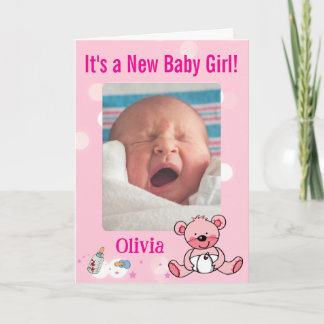 Baby Girl Photo Announcement Pink Teddy Bear Theme