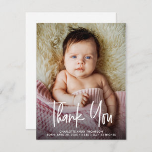 Baby Girl Photo Birth stats Modern Handlettering Thank You Card
