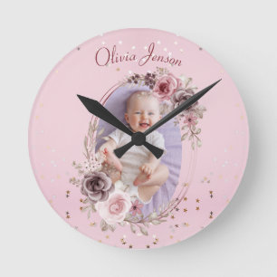 Baby Girl Photo Cute Elegant Modern Pink floral Round Clock