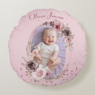 Baby Girl Photo Cute Elegant Modern Pink floral  Round Cushion
