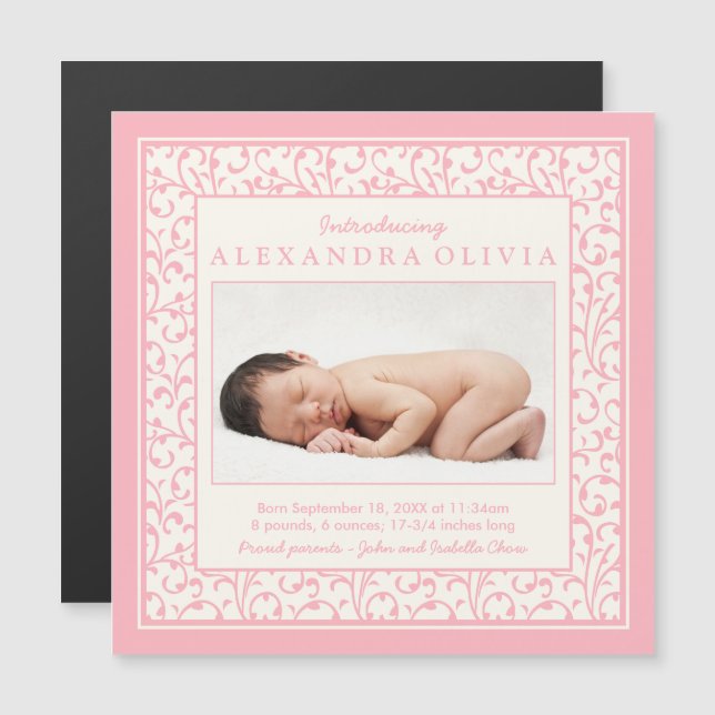 Baby Girl Photo Damask Floral Birth Announcement (Front/Back)