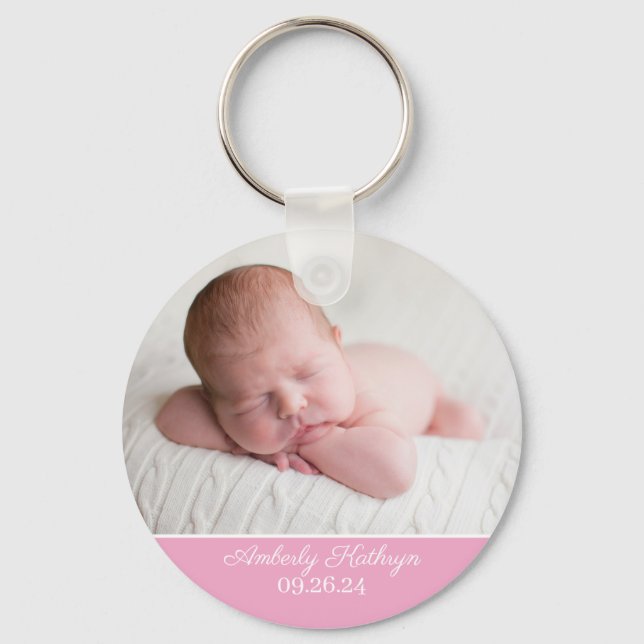 Baby Girl Photo Elegant Pink Birth Announcement Key Ring (Front)