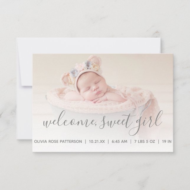 Baby Girl Photo Grey Quatrefoil Birth Announcement (Front)