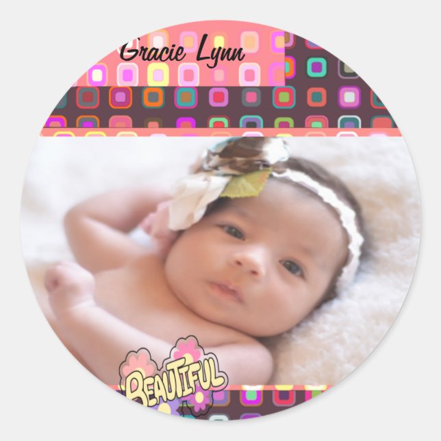 Baby Girl Photo Keepsake Classic Round Sticker (Front)