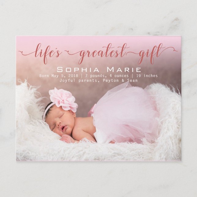 Baby Girl Photo Modern Script Birth Announcement Postcard (Front)
