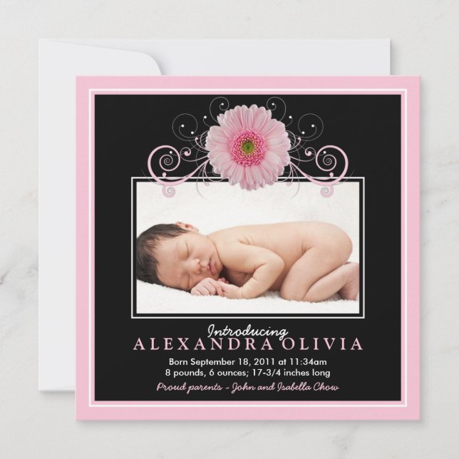 Baby Girl Photo Pink Daisy Birth Announcement (Front)
