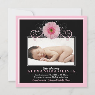 Baby Girl Photo Pink Daisy Birth Announcement