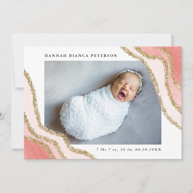 Baby Girl Photo Pink Gold Glitter Birth Announcement (Front)