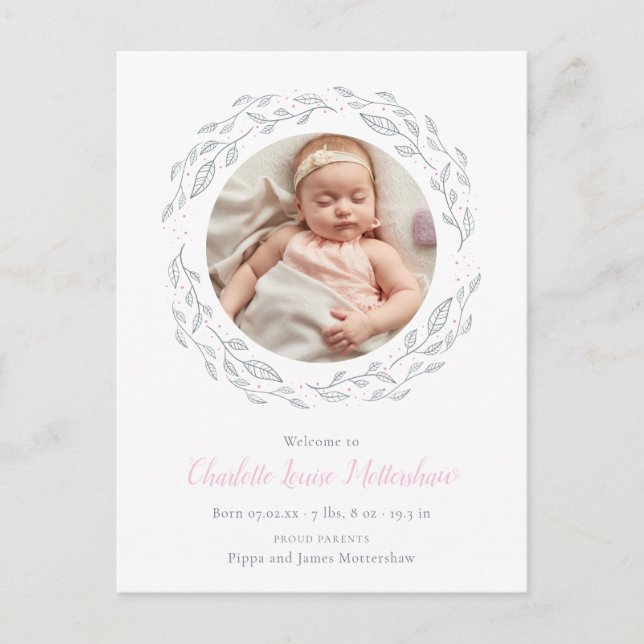 Baby Girl Photo Pink Modern Elegant Floral Birth Announcement Postcard (Front)