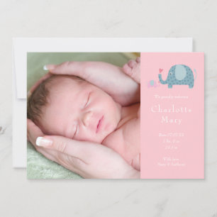 Baby Girl Photo Pink Polka Dot Elephants Birth Announcement