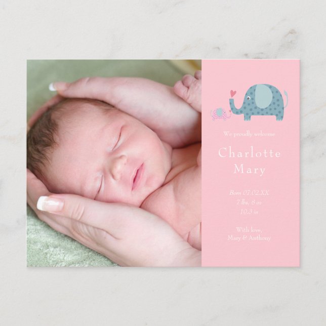 Baby Girl Photo Pink Polka Dot Elephants Birth Announcement Postcard (Front)