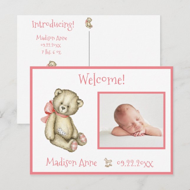 Baby Girl Photo Pink Typography Name Stats Announcement Postcard (Front/Back)