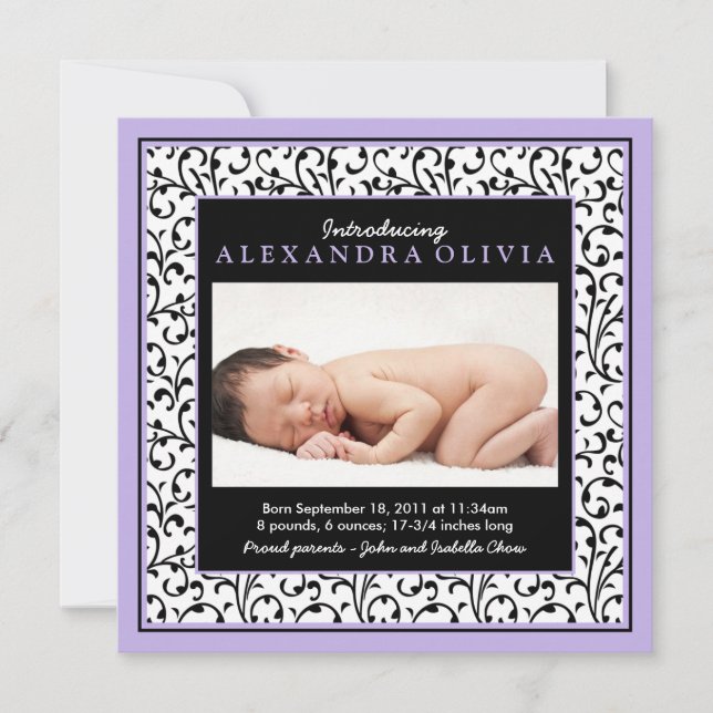 Baby Girl Photo Purple Damask Birth Announcement (Front)