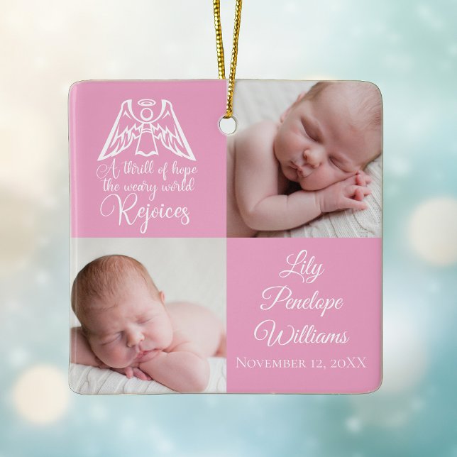 Baby Girl Photo Rejoice Angel Cute Pink Christmas Ceramic Ornament (Creator Uploaded)