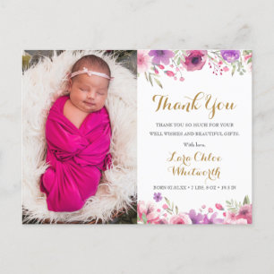 Baby Girl Photo Script Thank You Floral Birth Announcement Postcard