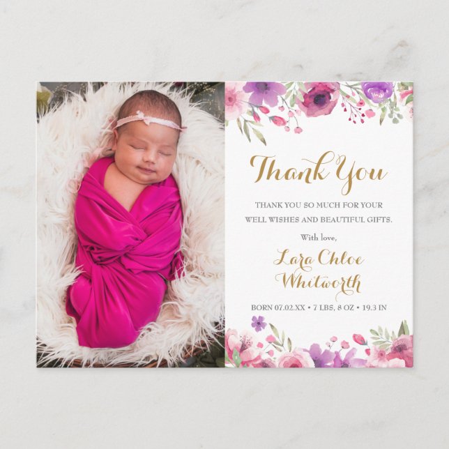 Baby Girl Photo Script Thank You Floral Birth Announcement Postcard (Front)