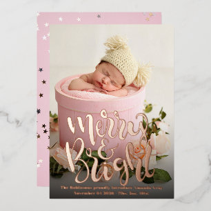 Baby girl Photos Modern Elegant Calligraphy Birth Foil Holiday Card