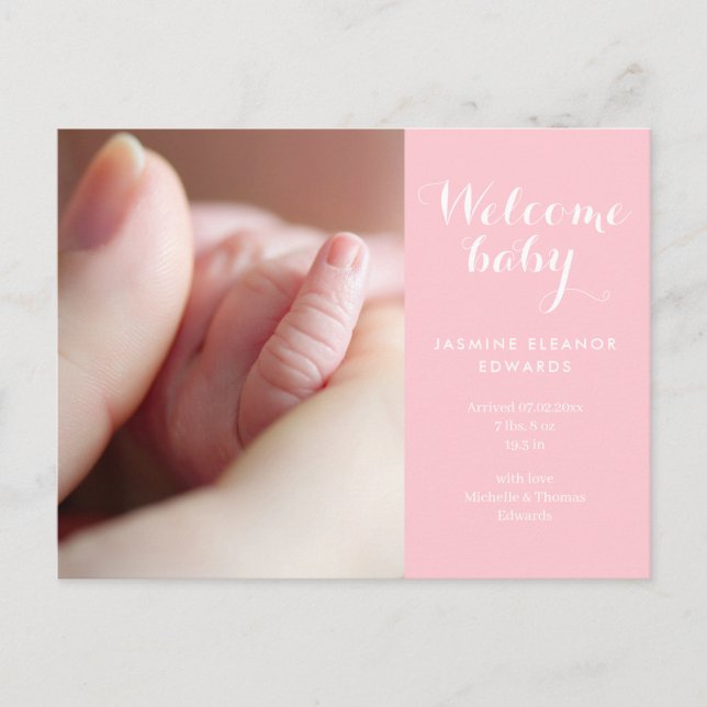 Baby Girl Photos Script Monogram Pink Birth Announcement Postcard (Front)