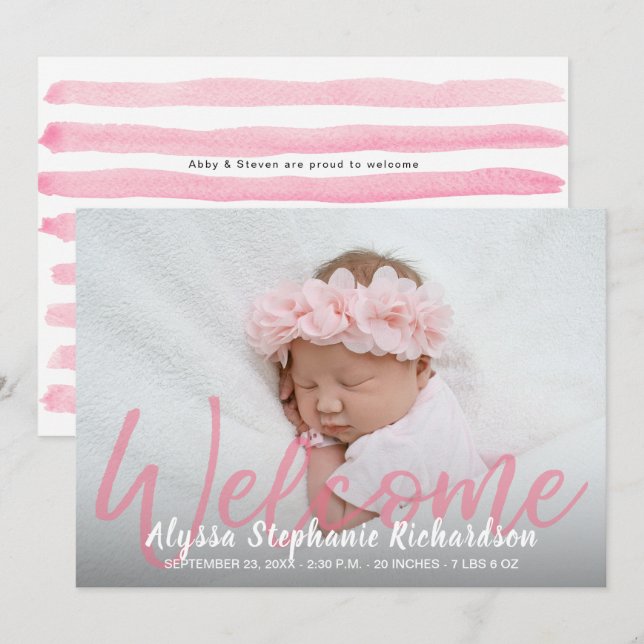 Baby Girl Pink 1 Photo Welcome Birth Announcement (Front/Back)