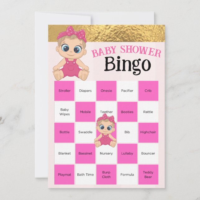 Baby Girl Pink And Gold Baby shower Bingo Game  (Front)