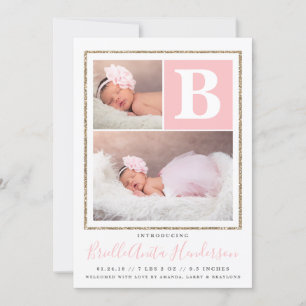 Baby Girl Pink and Gold Glitter Birth Announcement