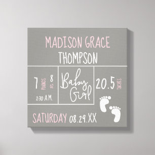 Baby Girl Pink and Grey Announcement Personalised, Canvas Print