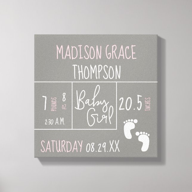 Baby Girl Pink and Grey Announcement Personalised, Canvas Print (Front)