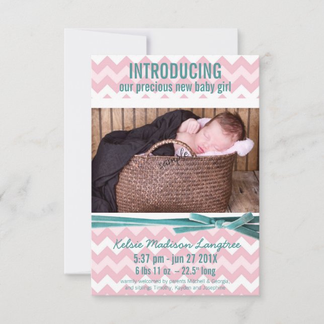 Baby Girl Pink and Teal Chevron Photo Announcement (Front)