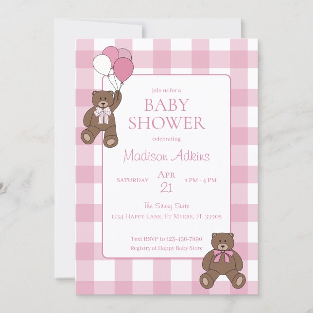 Baby Girl Pink and White Teddy Bear Baby Shower Invitation (Front)