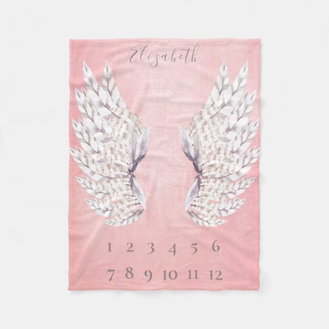 Baby Girl  Pink Angel Wings Monthly Milestone Fleece Blanket (Front)