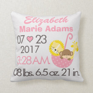 Baby Girl Pink Animal Polka Dot Birth Date Time Cushion