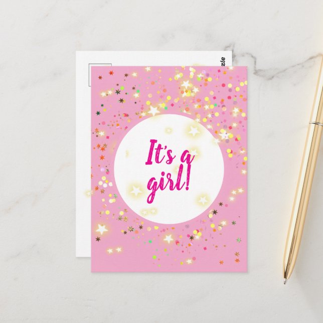 Baby Girl Pink Announcement with Stars and Lights Postcard (Front/Back In Situ)