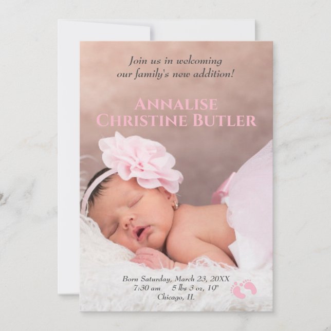 Baby Girl Pink Baby Feet Birth Photo Announcement (Front)