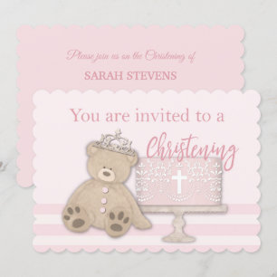 Baby Girl Pink Baptism Invitation Cake Teddy Bear