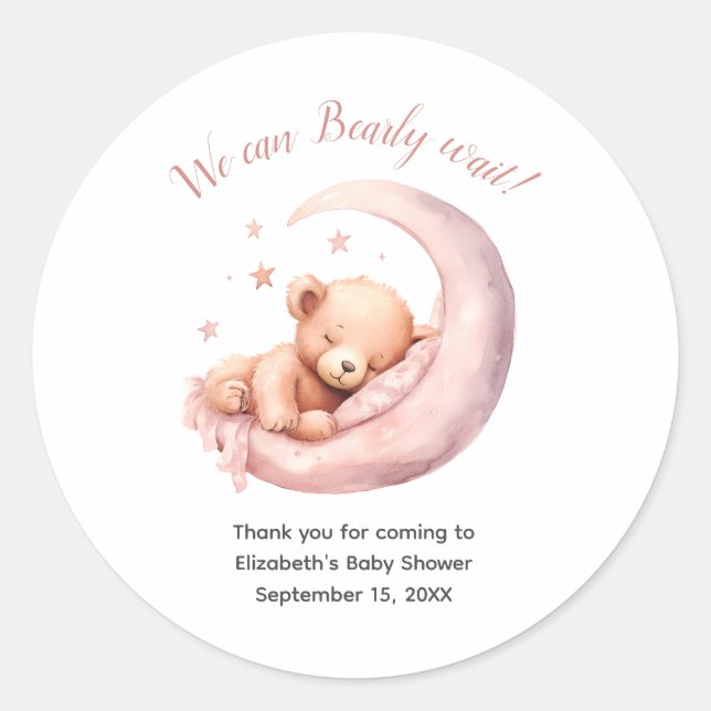 Baby Girl Pink Bear Moon Bearly Wait Baby Shower  Classic Round Sticker (Front)