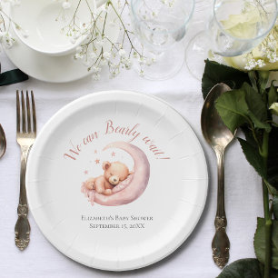 Baby Girl Pink Bear Moon Bearly Wait Baby Shower  Paper Plate
