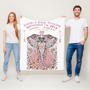 Baby Girl Pink Birth Record Stats Elephant Fleece Blanket