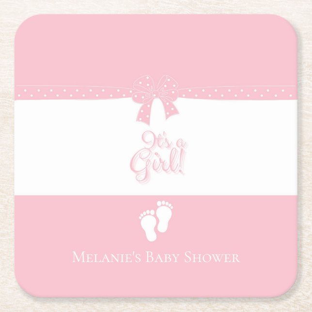 Baby Girl Pink Bows & Little Feet Custom Square Paper Coaster (Front)