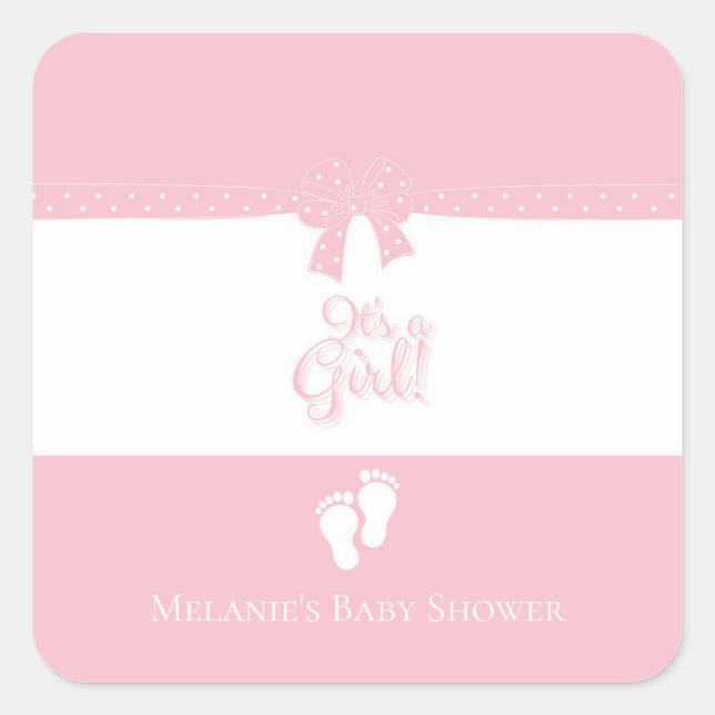 Baby Girl Pink Bows & Little Feet Custom Square Sticker (Front)