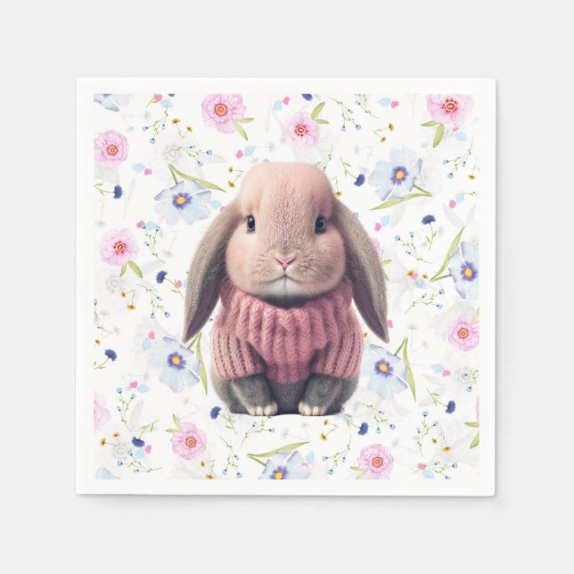 Baby Girl Pink Bunny Floral Paper Napkins (Front)